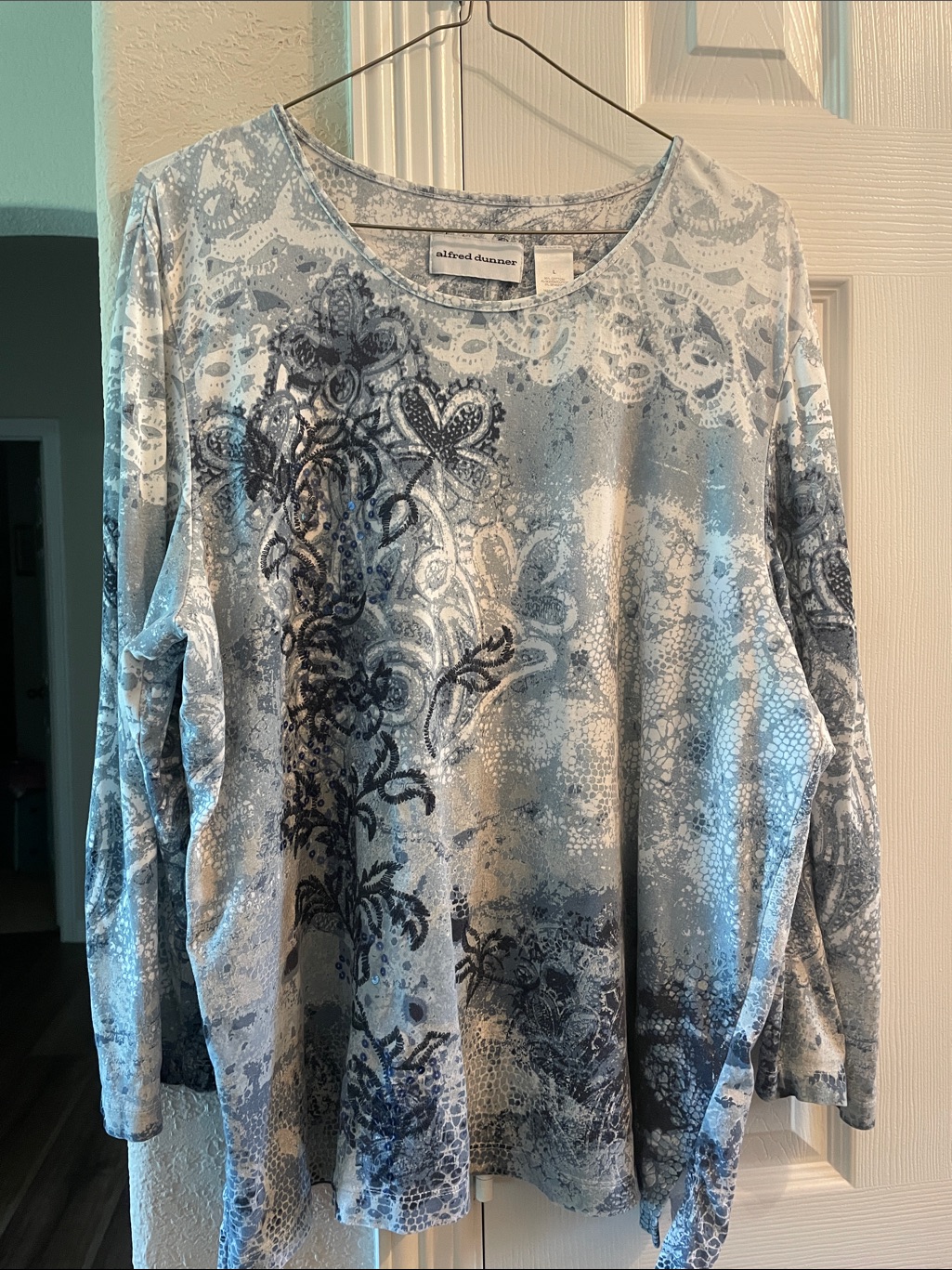 Alfred Dunner Blue Ombr 3/4 Sleeve Embellished Cotton Blend Top L